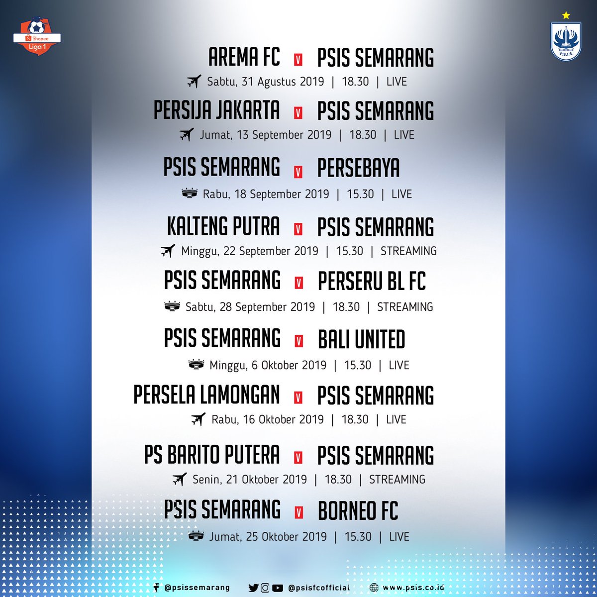 psisfcofficial's tweet photo. Jadwal Lengkap PSIS Semarang di Shopee Liga 1 2019

Yoh Iso Yoh !! 💪💪

#PSIS https://t.co/hCwbMr2h1P