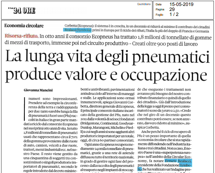 SymbolaFondazio's tweet photo. L’Italia è campione europeo nell’#economiacircolare anche grazie a lavoro di @ecopneus e del sistema di imprese di raccolta e trattamento pneumatici fuori uso. Il @sole24ore (https://t.co/sHWqTtHw7U) anticipa i contenuti del convegno di oggi a Milano (https://t.co/R4AvtnCvDb) https://t.co/TRoXac1sWk