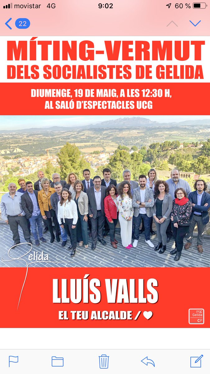 PscGelida's tweet photo. Diumenge 19 vine a conèixer el programa dels socialistes de Gelida per les municipals d’aquest any. T’hi esperem a les 12.30 al saló d’espectacles de l’UCG.
#perlagelidaqueestimes♥️ #lluisvalls2019 #pscgelida #socialistesgelida #gelida #penedès #26M #eleccionsmunicipals https://t.co/vkCcW6ZW82