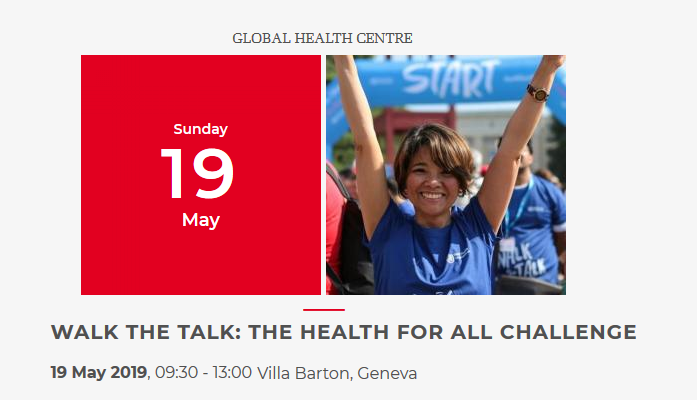 Will you be taking part in <a href="/WHO/">World Health Organization (WHO)</a> #WalktheTalk event "The #HealthforAll Challenge" this Sunday? The @GHC_IHEID and many partners (<a href="/IFPMA/">IFPMA</a>, <a href="/UHC2030/">UHC2030</a>, SportiGeneve) will be at #VillaBarton on 19May to promote health and physical activity. Sign up and join us bit.ly/2HmqA24
