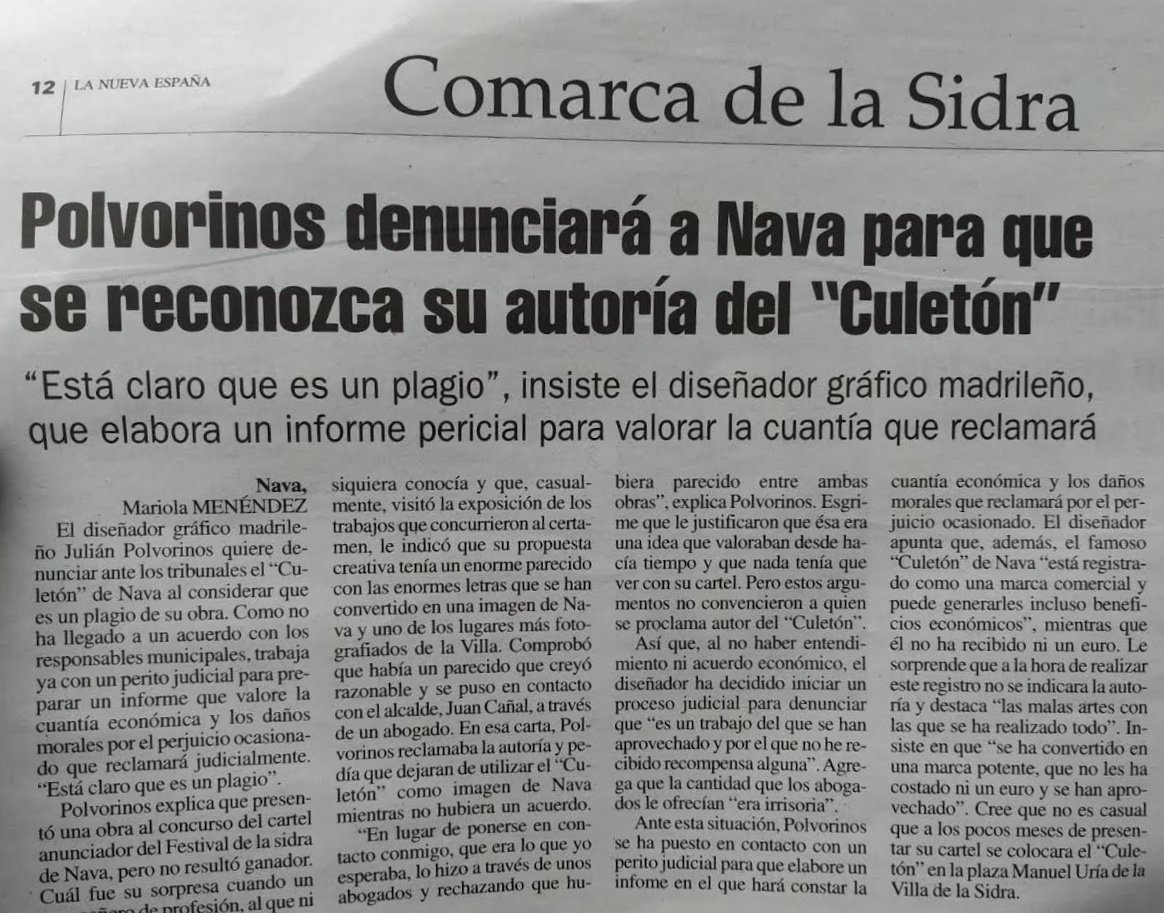"El diseñador Julián Polvorinos denunciará ante los tribunales El Culetón de Nava, proyecto que califica como un plagio de su obra". Hoy en La <a href="/lanuevaespana/">La Nueva España</a> ▶️ bit.ly/2W5oGw6 .  
#Nava no tiene por qué pagar las consecuencias del presunto plagio del alcalde, Juan Cañal