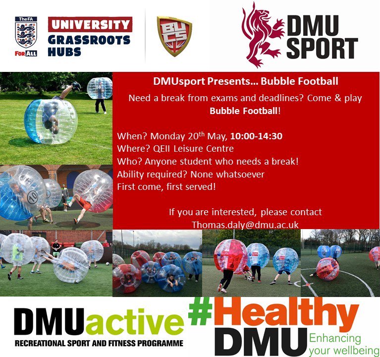 DMUsport (@dmusports) on Twitter photo β½οΈ| Calling all <a href="/dmuleicester/">dmuleicester</a> students!
Stressed with exams or coursework deadlines π€
FA Hub & #DMUactive have got you covered with Bubble Football!
ποΈMonday 20th May
β°10:00 - 14:30
π<a href="/DMUleisure/">DMU Leisure Centre</a>
πFREE
#HealthyDMU
#ProudToBeMore β½οΈ| Calling all <a href="/dmuleicester/">dmuleicester</a> students!
Stressed with exams or coursework deadlines π€
FA Hub & #DMUactive have got you covered with Bubble Football!
ποΈMonday 20th May
β°10:00 - 14:30
π<a href="/DMUleisure/">DMU Leisure Centre</a>
πFREE
#HealthyDMU
#ProudToBeMore