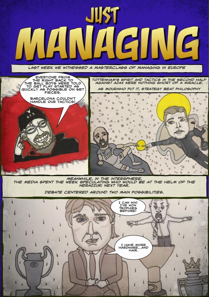 SempreIntercom's tweet photo. 🚨#InterComics Alert🚨
“Just Managing” by @Rugnettanews
Photos by: @mikwaldron
Including a @Marcotti rant on #Spalletti from @TheTotallyShow
#InterChievo #Chievo #SerieA #FCIM #Nerazzurri https://t.co/z2mod2zb2E