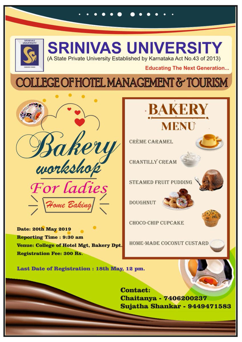 MgmtHotel's tweet photo. Upcoming bakery workshop
@CellSrinivas @DrAjayKG @srinivasnursing @srinivas https://t.co/GHOLLPho9c