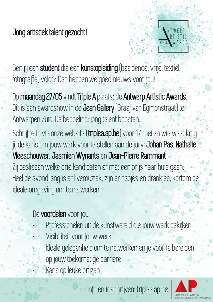 Jonge artiest die zoekt naar publiek? Schrijf je in voor een kunstgallery van de studenten van AP. Je kan er niet alleen je beste skills tonen, maar ook gewoon de tijd van je leven hebben. Wie weet mag de avond zelfs eindigen met een mooie prijs!

Ik zal er ook zijn!! DELEN!!