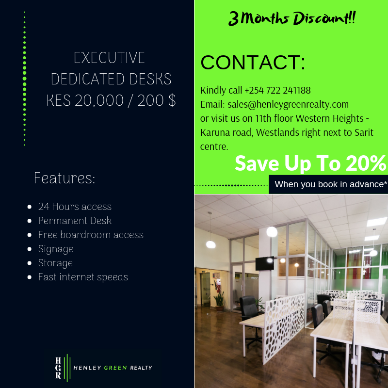 henleyrealty's tweet photo. Hurry while the offer lasts!

Executive dedicated desks @ KES 20,000/- / 200$. 

Save up to 20% when you book in advance.

Contact us on +254 722 241188 to book
.
.
#24hrsaccess #permanentdesk #freeboardroomaccess #signage #storage #fastinternetspeeds https://t.co/bk2RhAhOUg