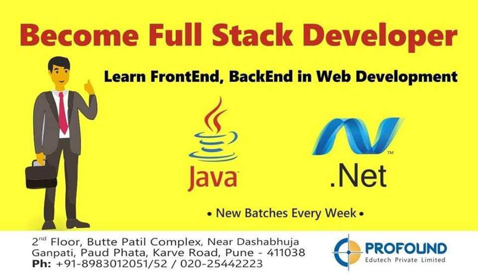 ProfoundEdutech's tweet image. #Fullstackdeveloper #Fresher #Job #java #DotNet
Become Full Stack Developer( Java /.Net ) !
New Batch starting from 13 May 2019... Attend Free Demo Class..
Get 100% Job in IT Industry...