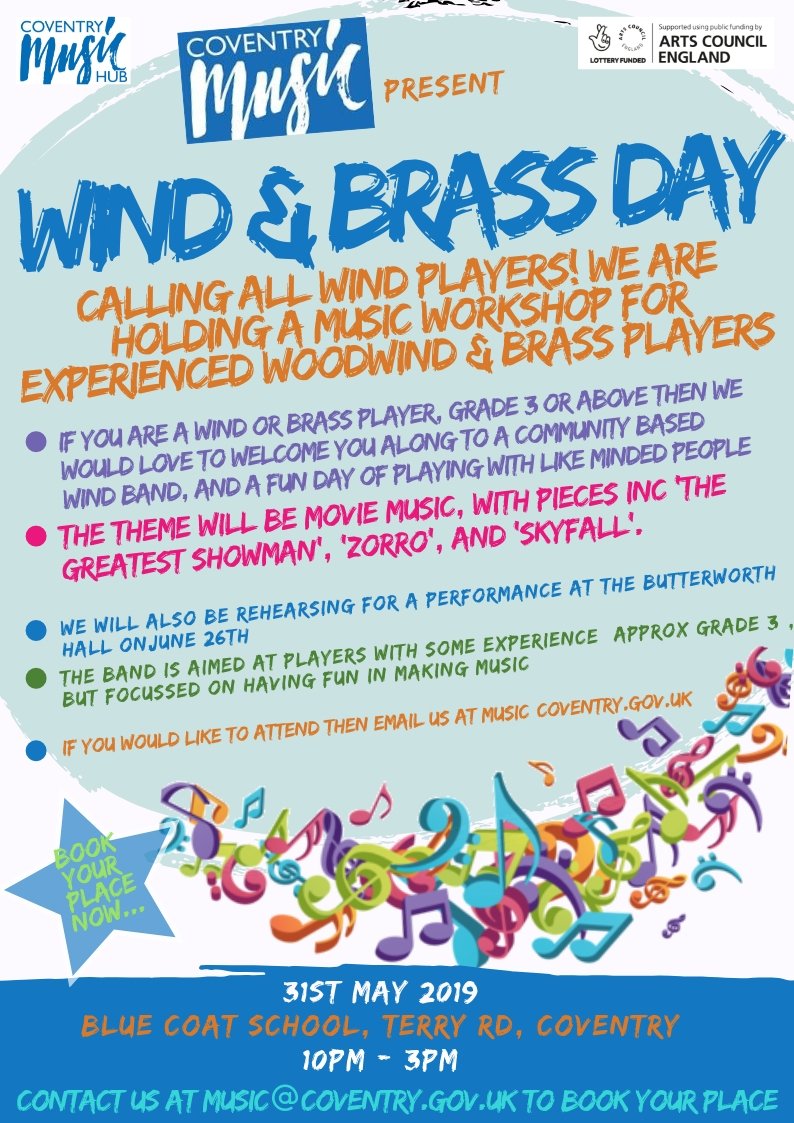 coventry_music's tweet photo. we are looking for experienced wind and brass players to join us at wind day on 31st May at Blue Coats School, with a view to becoming part of our community based wind band. Contact us or visit our website for more info. https://t.co/JAZ1lpC37p