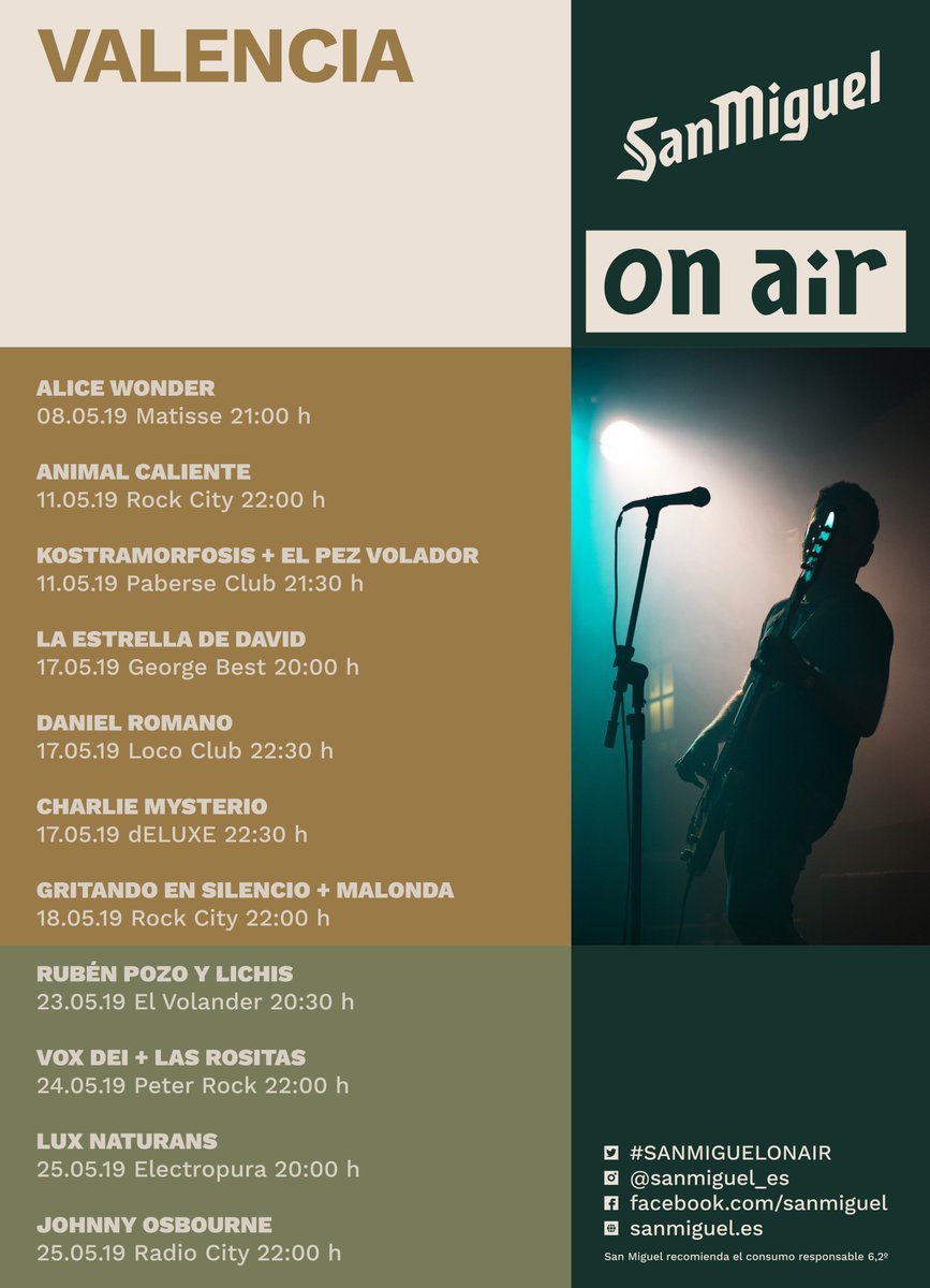 Este fin de semana <a href="/SanMiguel/">Cervezas San Miguel</a> trae cuatro conciertos a València: La estrella de David, Daniel Romano y Mysterio el viernes 17, y Gritando en Silencio + Malonda el sábado 18. ¡Descubre dónde son y no te los pierdas! ow.ly/z1ow50ucCEo