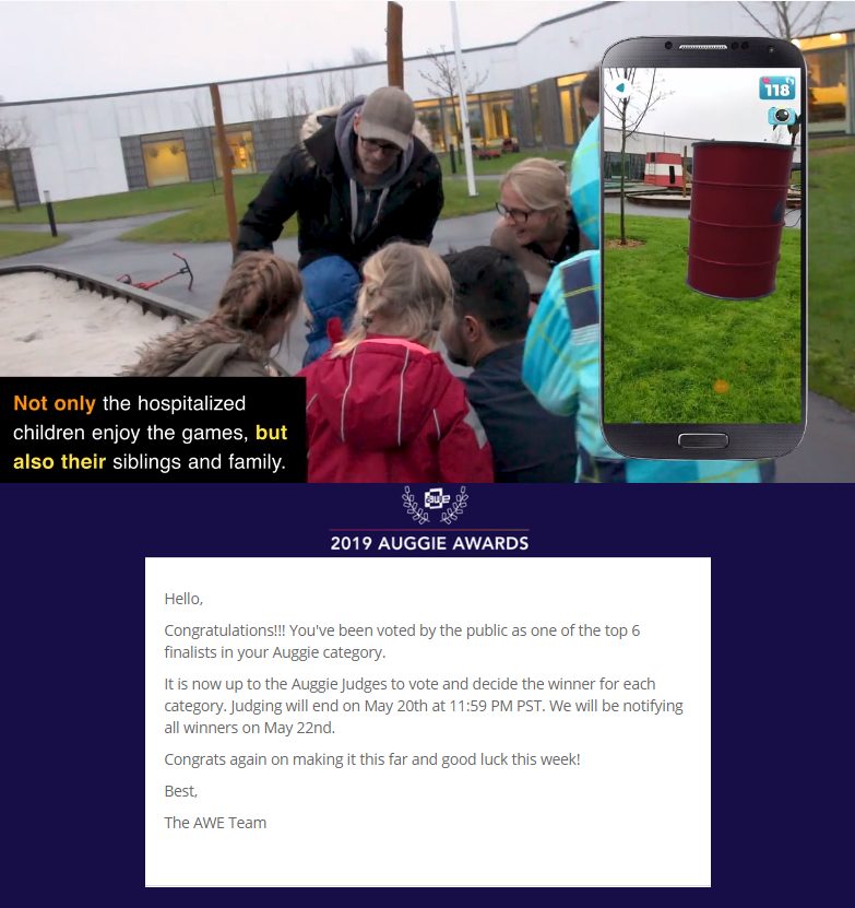 cujino's tweet photo. Amazing news!! We are now finalists at the Augmented Expo #awe2019 Auggie Awards.  #auggieawards2019 #SantaClara #dkgame #prize #augmentedreality Congratulations to my team at #playdoktor and to the children and families that support us. #dksundhed https://t.co/IiAYv169nb https://t.co/YEL91sUGZ9