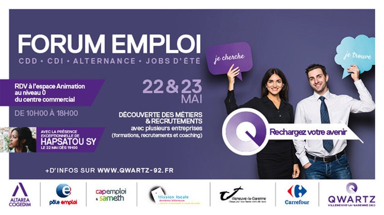 #Agenda - CDD, CDI, Alternance, Jobs d'été, Rechargez votre avenir !
Rendez-vous au centre commercial <a href="/Qwartz_92/">Qwartz</a> les 22 et 23 mai 2019 >>> plmpl.fr/a/gp241