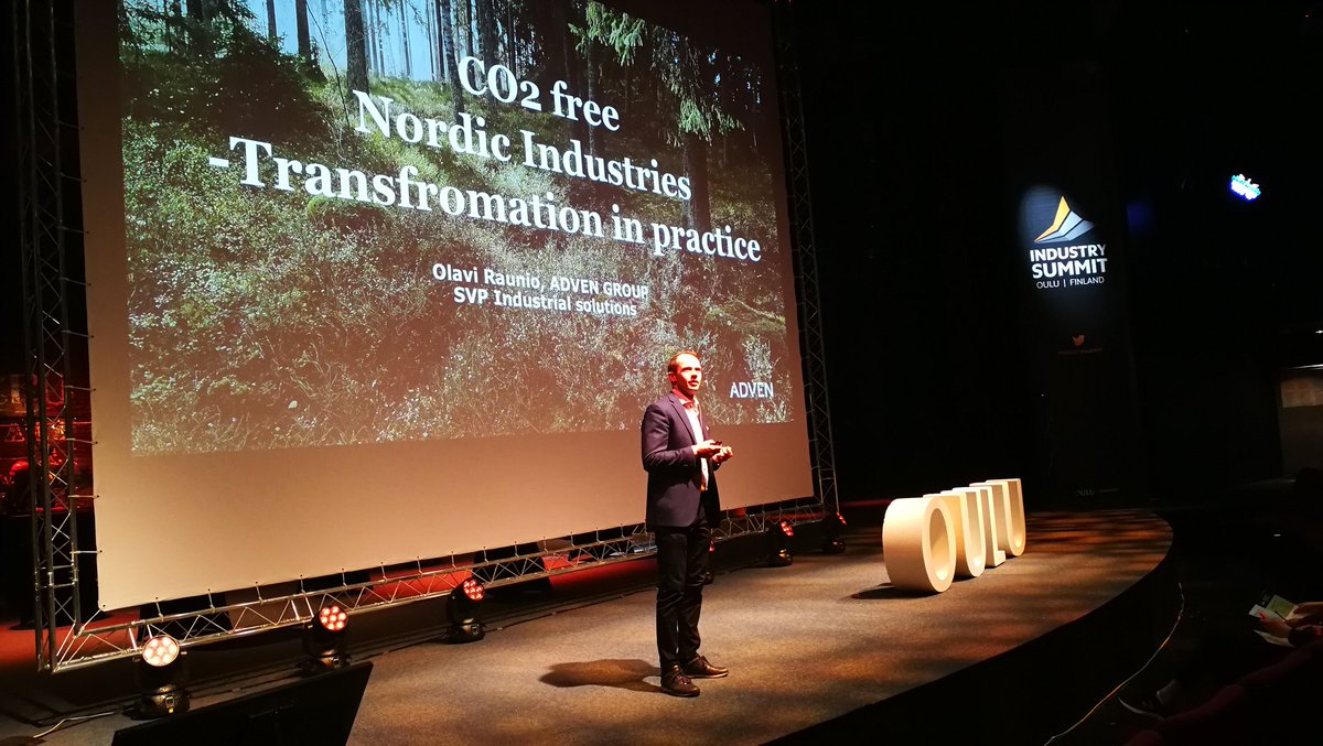 SummitOulu's tweet photo. Olavi Raunio from Adven Group says that co2 free Nordic industries is possible. Transformation is in orogress! #industrysummit #nordicindustries  @BusinessOulu_ #oulumagic https://t.co/Uowy4bLx33