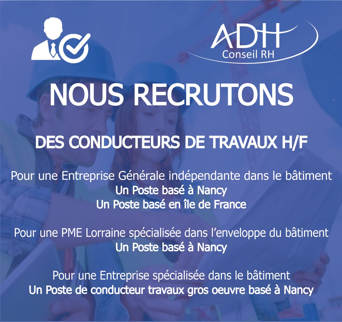 ⚠#EMPLOI #RECRUTEMENT #ANNONCE ⚠
Pour le compte de plusieurs de nos clients, nous sommes à la recherche de 4 conducteurs de travaux 👷. Vous avez de l'expérience en management de personnel de chantier et un bon bagage technique ? Alors postulez❗
➡ adh.fr/jobs/offres