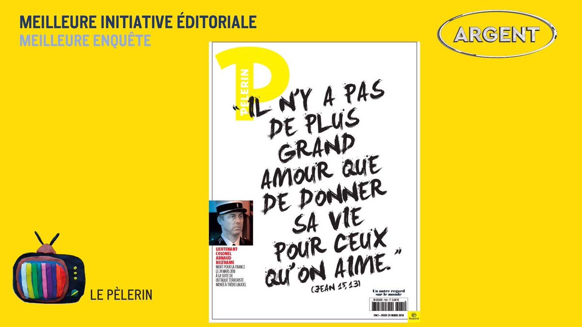 MY_Buss's tweet photo. Bravo à Marc Guillon, directeur artistique de ⁦@pelerincom⁩, qui a reçu aujourd'hui le prix de la Meilleure Une de presse/ catégorie Argent,  décerné par notre confrère @Stratégies, pour notre couverture sur Arnaud Beltrame ! #gpstrat https://t.co/QjlEPL9fzx
