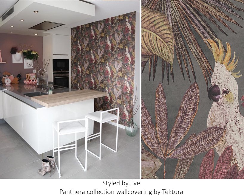 Paired with dusky pink and soft grey, you can't miss our Panthera collection #wallcovering in this kitchen #design! See the whole #collection here: bit.ly/2w5P8XH #interiordesign #kitchendesign