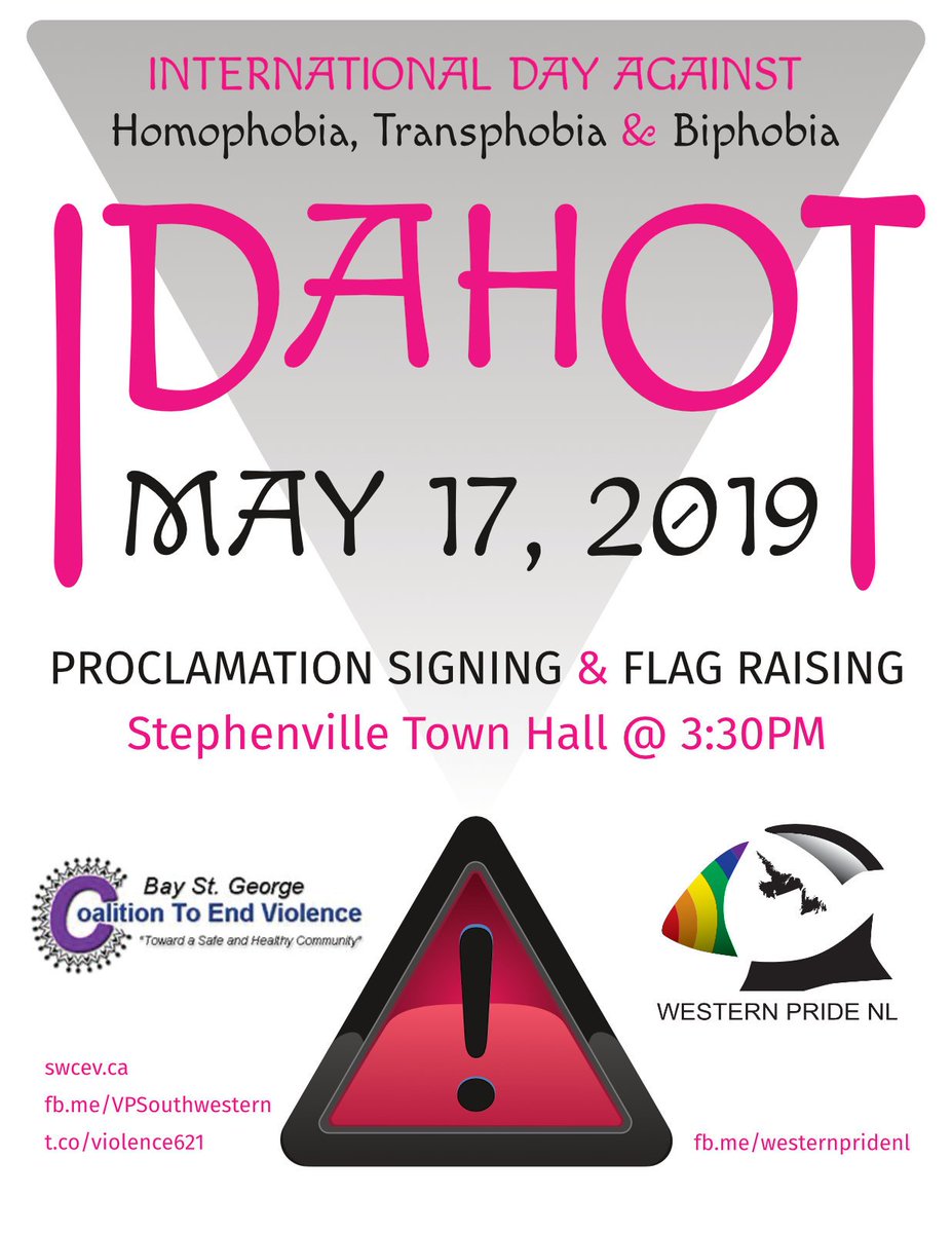 BSGwomenscentre's tweet image. Join us on this Friday, May 17th at 3:30 pm at the Town of Stephenville in recognition of International Day Against Homophobia and Transphobia. @cbcnfldmorning @570VOCM @1039KRock @CYNSouthwestern @TiannaButler16 @violence621