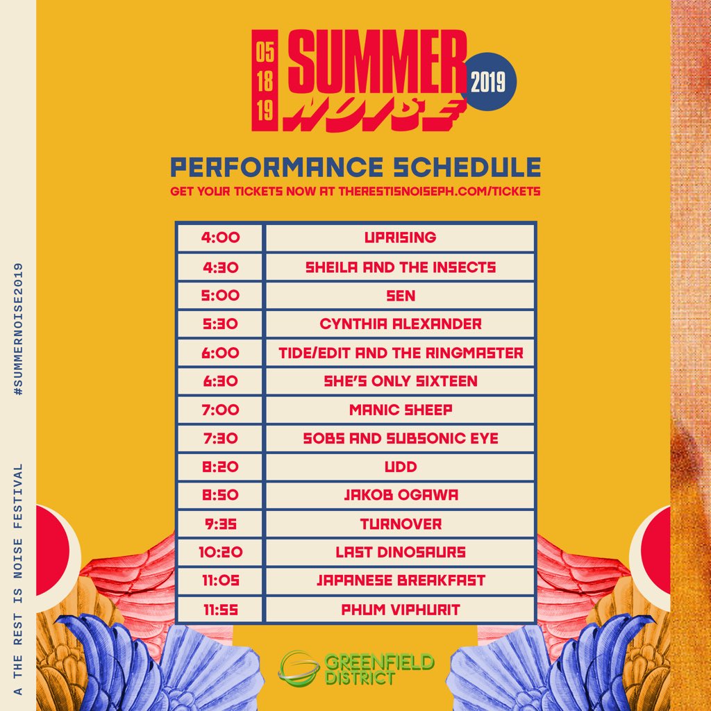 therestisnoise_'s tweet photo. Here's an exclusive look at the performance sched of #SummerNoise2019! 

Get your tickets now: Entry-Only (P1,100) at Docdef Productions and Linya-Linya outlets (SM Megamall, Glorietta 1 and Trinoma); General Admission (P3,300) and VIP (P5,500) at https://t.co/jZhgPRKI3T https://t.co/kKKHW9l7Vx