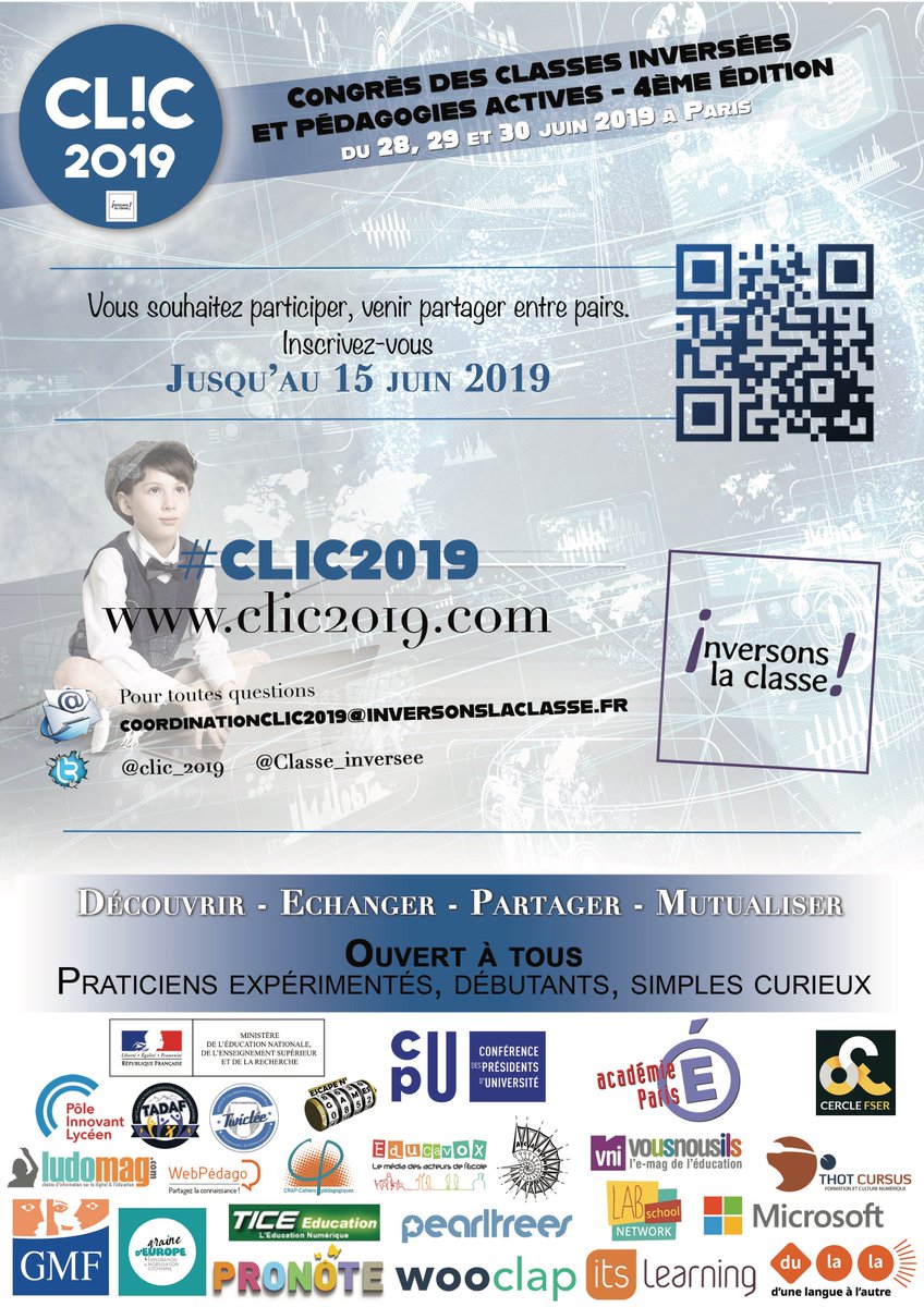 📆 J-43 pour le #CLIC2019 par <a href="/Classe_Inversee/">Inversons la classe!</a>!
Pour rejoindre vos collègues lors de ces 3 jours de formation, de découverte et d'expérimentations sur les classes inversées et pédagogies actives, c'est par ici 😉 bit.ly/placesCLIC