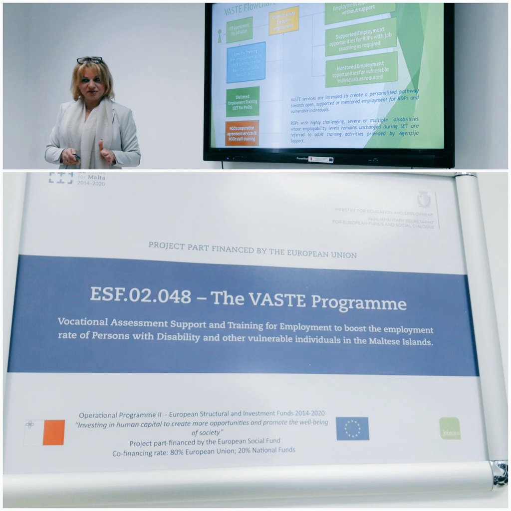 AEIDL's tweet photo. Day2 of #ESFThematicNetwork on #Employment mtg! Olivia Farrugia of #Jobsplus presents structure & results of ESF-funded VASTE programme #Malta. Impressive efforts paying off with increased employment opportunities for #pwd and people in vulnerable situations. #ESFTransnationality https://t.co/TBZwkdggYj