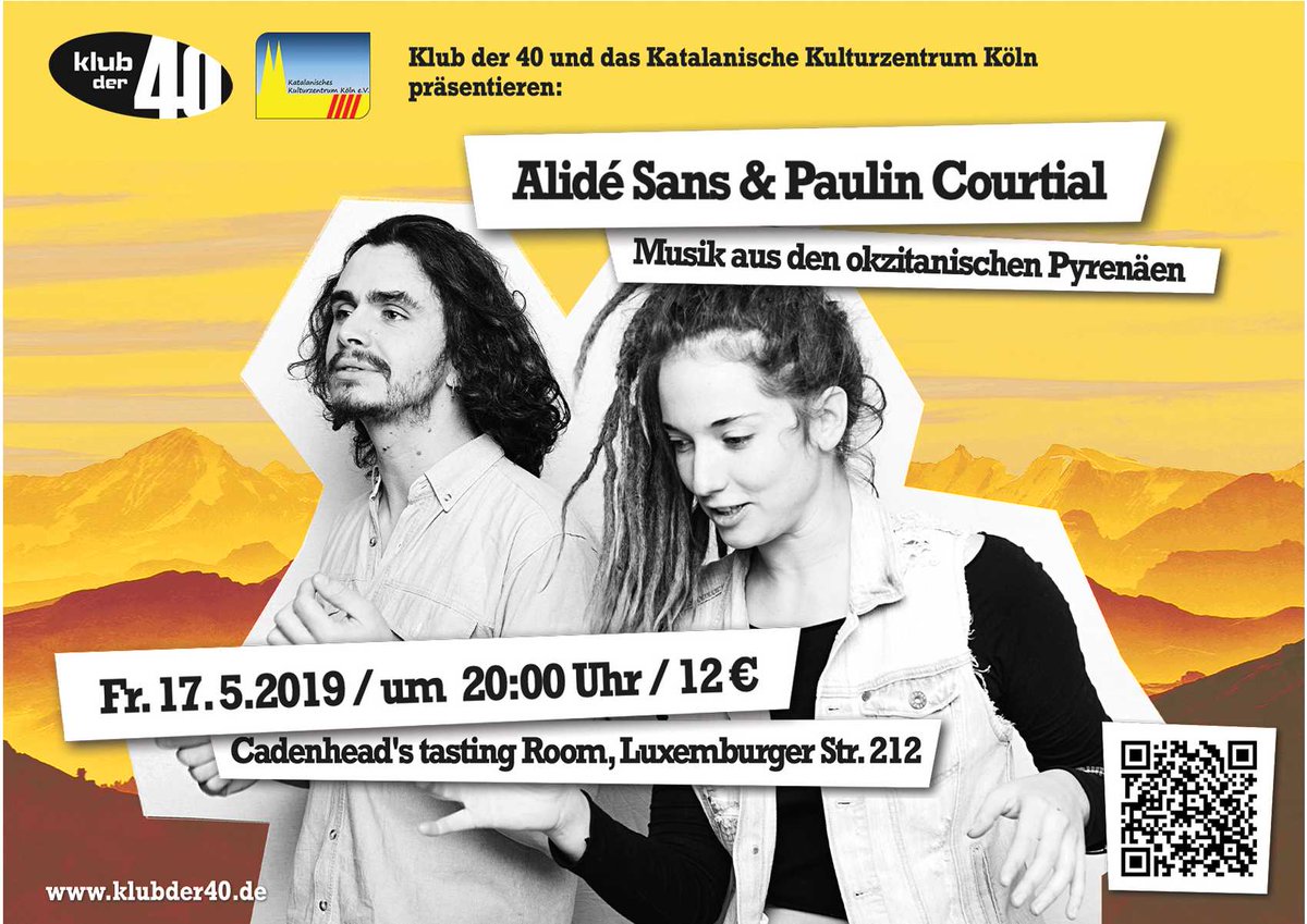 Konzert: 17.05. 19:30h Köln, Luxemburger Str. 212. <a href="/CatalansKoeln/">Centre Cultural Català de Colònia e.V.</a> und Klub der 40 e.V. veranstalten okzitanischen Global Pop aus den Pyrenäen: Alidé Sans und Paulin Courtial Tickets bit.ly/kd40alide19 Interessant für Hörer von @COSMO__ARD
