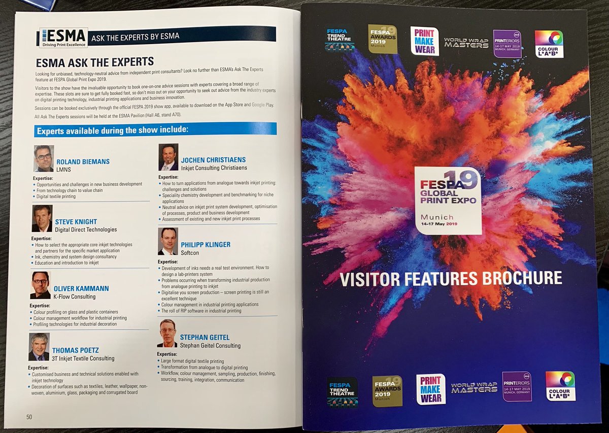 Independent experts supporting @FESPA at the <a href="/ESMA_Print/">ESMA</a> booth. Pick up your visitor features brochure, visit Booth A60 in hall A6. <a href="/JochChrist_IJC/">jochen christiaens</a> <a href="/OliverKammann/">Oliver Kammann</a> <a href="/LMNS_Experts/">LMNS</a>  #print #expert #advice