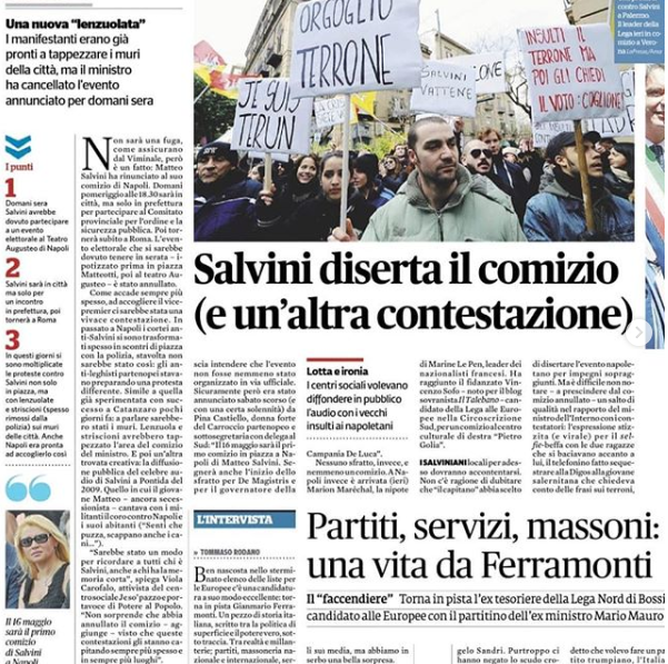 Ricordiamo bene la canzoncina che cantavi sui napoletani, signor ministro, ed evidentemente la ricordi bene pure tu visto che hai deciso di non presentarti a Napoli. Perché sai che il problema non sono solo gli insulti di ieri ma i danni che stai facendo oggi. #stressasalvini