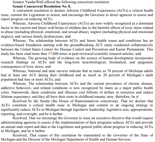 KobelDave's tweet photo. Full text of Michigan Senate Concurrent Resolution #8.
In short, Adverse Childhood Experiences (ACEs) are bad, have detrimental public health outcomes, and Michigan legislature is committed to reducing ACEs.
@ASHAnews #ASHALead https://t.co/72ClW1mOkT