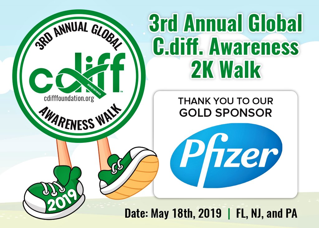 cdiffFoundation's tweet image. C Diff Foundation  thanks @pfizer Pfizer for being a Gold Sponsor Of the 3rd Annual #cdiff Awareness 2k Walks taking place Saturday, May 18th #CdiffWalk2019  For information visit cdifffoundation.org 
#Microbiome #guthealth #Cdifficile #InfectiousDiseases #prevention