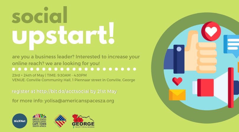 George we are coming to you!

Please share with your contacts in George.
Application link: forms.gle/yszuEtxpDDxqRe…
Dates: 23 &amp; 24 May 2019
Time: 09h30 to 16h30
Social Upstart: Social Media Course
#SocialUpstart #George #WesternCape