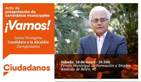 joserram511961's tweet photo. Acercarte a la presentación de @CsCiempozuelos para las elecciones Municipales, el partido 🍊 de @Albert_Rivera se presenta por primera vez con @TrompetaJavier, nacido y criado en Ciempozuelos candidato a la Alcadia de nuestro Municipo, ¡un Hombre de aquí! #VotaCiudadanos #VotaCs https://t.co/wo41qtpPyr