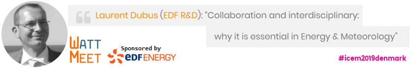 WattMeet's tweet photo. Give Laurent Dubus (@LaurentDubus) five minutes and you'll hear important messages from "Collaboration and interdisciplinary: why it is essential in Energy &amp; Meteorology" being conveyed at the #icem2019denmark #WattMeet sponsored by @edfenergy!

Details 👉 https://t.co/7JMrMiCd1v https://t.co/WkcxpxFz79