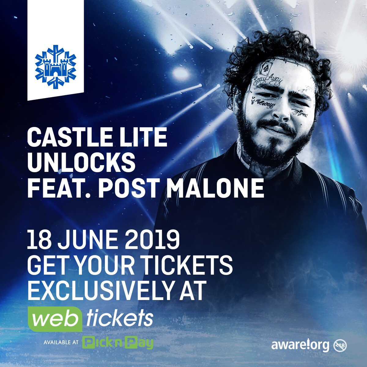 MTVBaseSouth's tweet photo. #castleliteunlocks ⁦@PostMalone⁩ on the 18th of June!!! 

Make sure that you cop tickets from ⁦@webticketsSA⁩ ASAP!!! Because they’re selling out FAST!!! 

You don’t want to be having FOMO at the last minute because you didn’t cop your tickets in time. ❄️ https://t.co/zpEdWjZjTJ