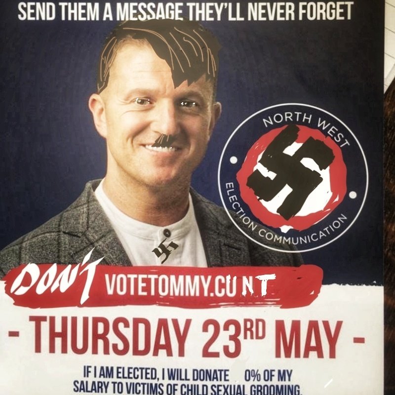 MarDayOK's tweet photo. My mate got a leaflet through for Tommy Robinson, then fixed it for him #TommyRobinson #EuropeanElections2019 https://t.co/nX3N2nGv1l