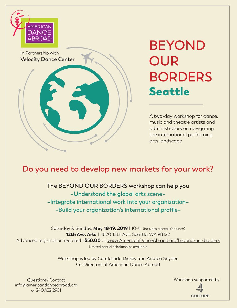 Just a few days left to register for our "Beyond Our Borders" #Seattle #Workshop, an easy and fun way to discover the intricacies of international partnerships and develop an international market for your work! americandanceabroad.org/beyond-our-bor…