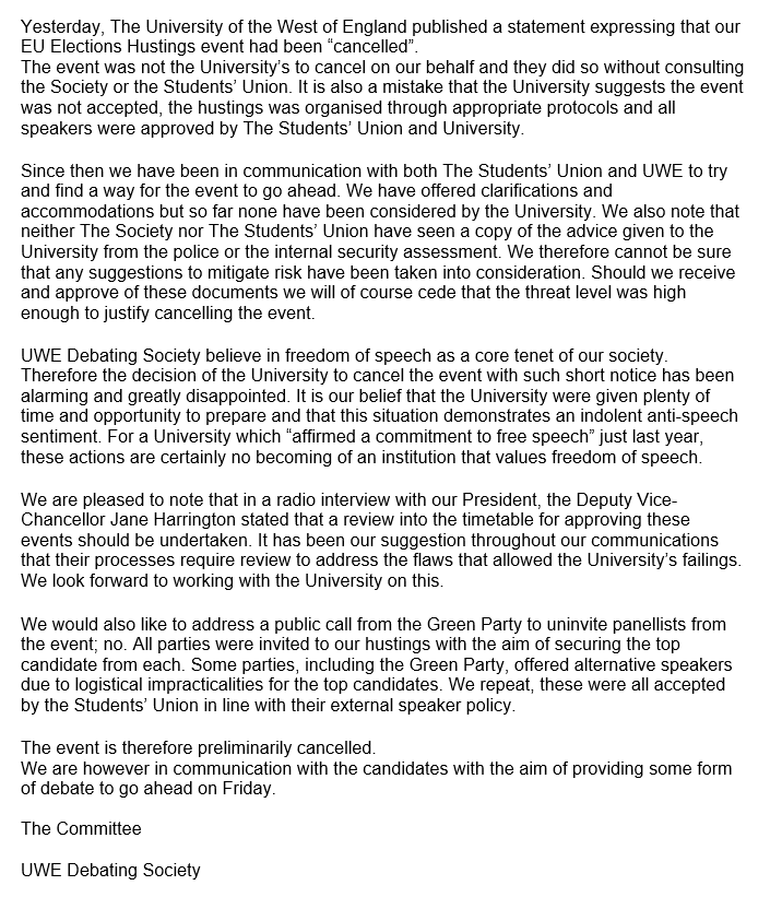 Statement regarding our EU Election Hustings event.