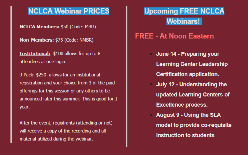 Bringing the Professional Development to YOU! <a href="/NCLCA_USA/">NCLCA</a> is proud to offer this important Webinar on "Supporting the ESL Student in the Learning Center" Friday 5/17 at 12N ET. Check out prices and more opportunities (+ FREE) at nclca.org/webinars