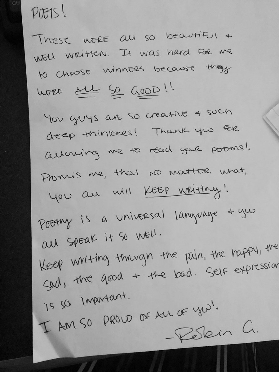 Amy_BakerLMS's tweet photo. I want to thank @robingpoetryy for taking the time to judge the finalists for the @WilkersonTElem poetry contest. She wrote the poets a beautiful letter and an encouraging note on every single poem! #JCPSLibraries #collaborativepartners #encouragingwords @JCPSKY #LLLL #WeAreJCPS https://t.co/CA9BjiBknW