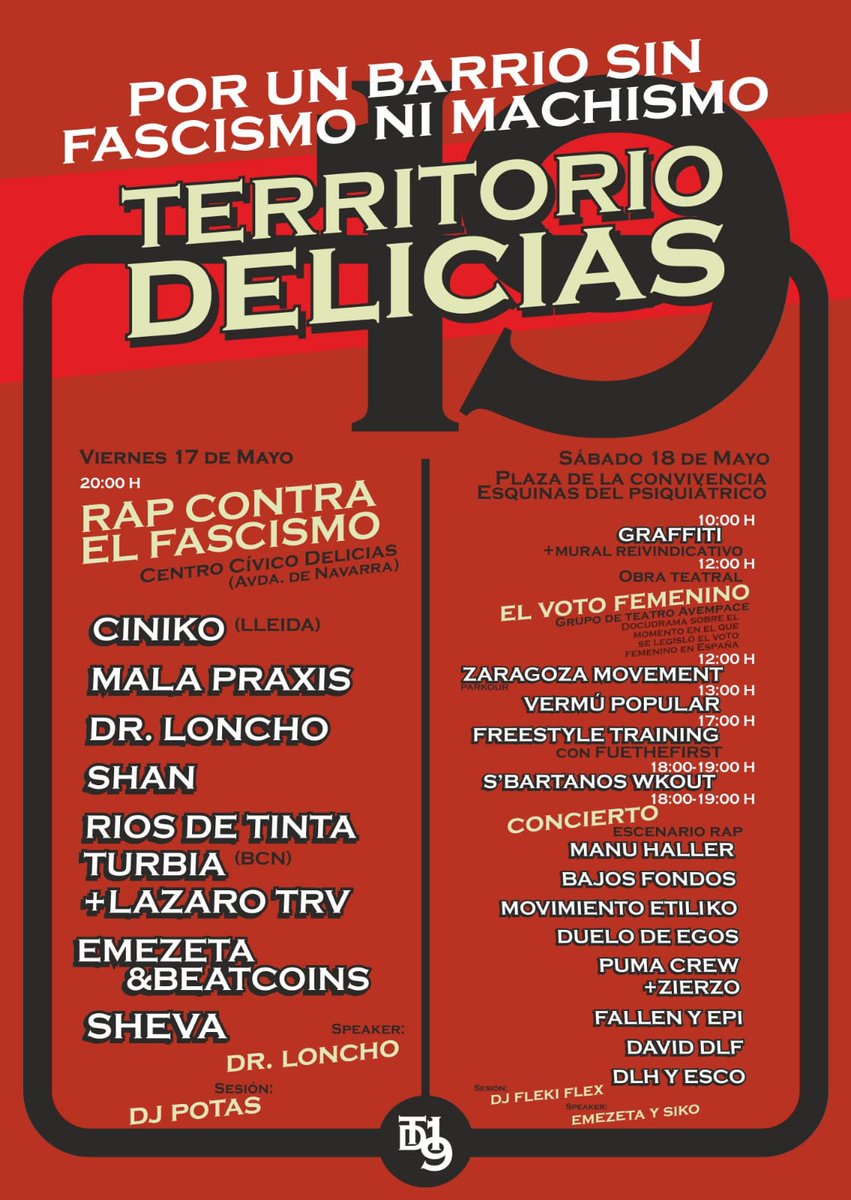 Por un barrio sin fascismo ni machismo! 

El viernes estaremos en el territorio Delicias!

⏰ 20:00 
🏢 Centro Cívico Delicias (Av. Navarra) 

Y el sábado más (graffiti, teatro, conciertos...)! ✊