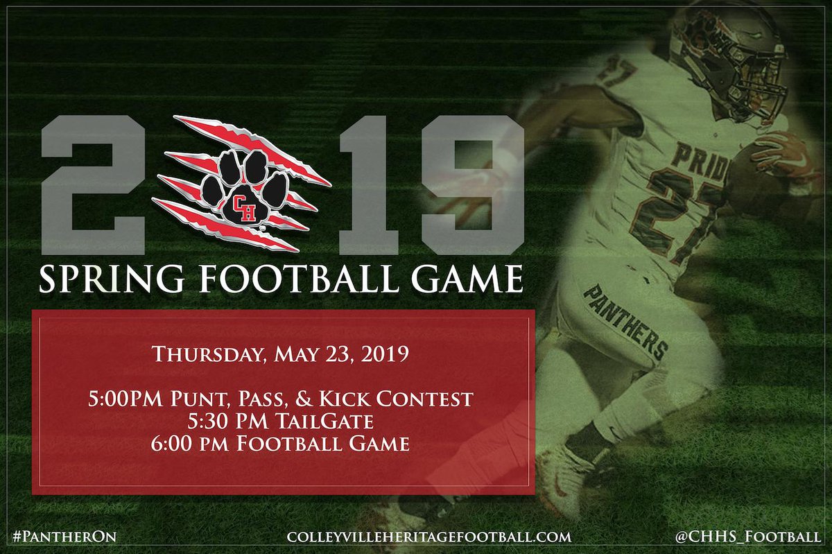 CHHS_FOOTBALL's tweet image. Make plans to attend our Spring Game next Thursday! Also, sign ups for our annual 🏈 Punt, Pass, &amp;amp; Kick🏈competition are open! Go to colleyvilleheritagefootball.com @GrapevineMiddle @boys_gms @HeritageBroncos! #pantheron @joewillis7 #TeamCMS #CMScolts #CTMSwolves #ourhouseGMS #hmsbroncos