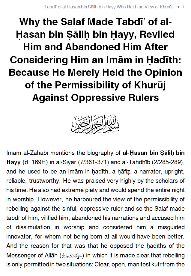 AbuIyaadSP's tweet photo. Why the Salaf Made Tabdīʿ of al-Ḥasan bin Ṣāliḥ bin Ḥayy, Reviled Him and Abandoned Him After Considering Him an Imām in Ḥadīth: Because He Merely Held the Opinion of the Permissibility of Khurūj Against Oppressive Rulers (PDF, 7 pages) https://t.co/nKbbW2hoUc https://t.co/6o0zU06CRe