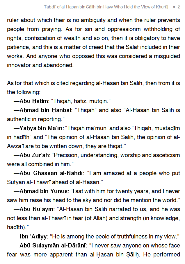 AbuIyaadSP's tweet photo. Why the Salaf Made Tabdīʿ of al-Ḥasan bin Ṣāliḥ bin Ḥayy, Reviled Him and Abandoned Him After Considering Him an Imām in Ḥadīth: Because He Merely Held the Opinion of the Permissibility of Khurūj Against Oppressive Rulers (PDF, 7 pages) https://t.co/nKbbW2hoUc https://t.co/6o0zU06CRe