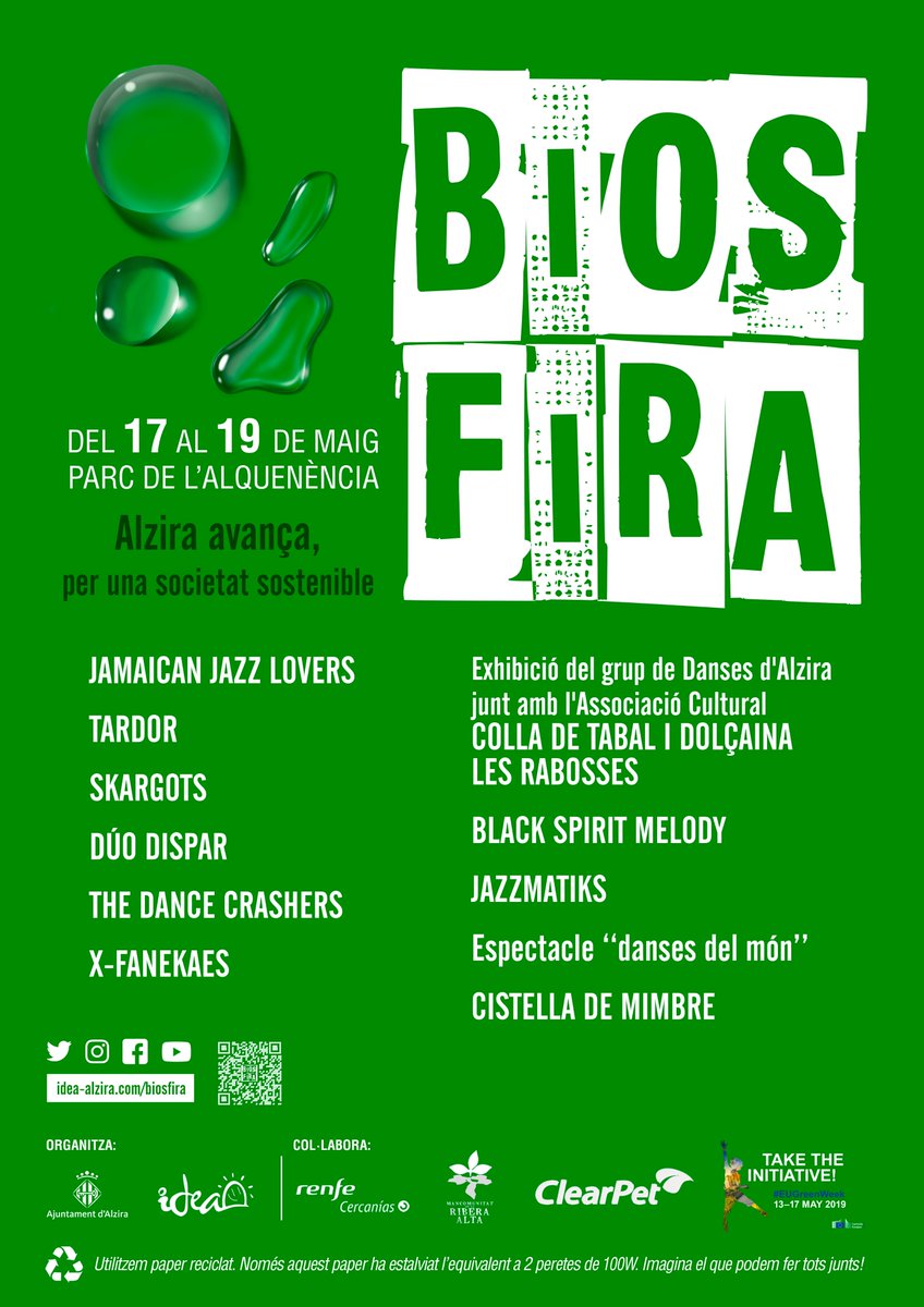 🌍 Del 17 al 19 de maig viurem un cap de setmana únic a #Biosfira2019, al Parc de l’Alquenència d'Alzira; un entorn sostenible i de respecte al medi ambient. I amb molta música! 🎤🎼

Consulta tots els horaris ➡️ idea-alzira.com/biosfira
