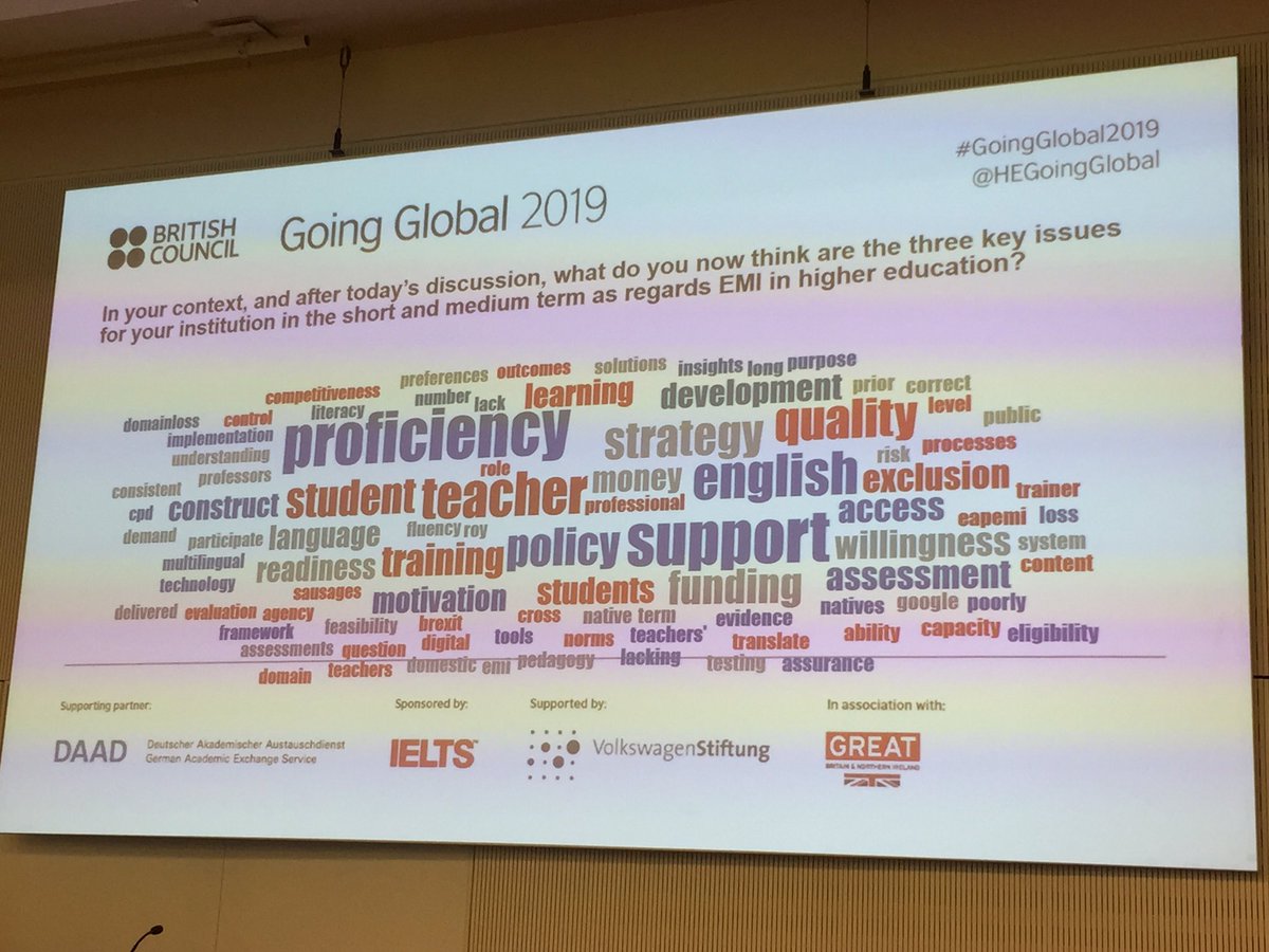 Intlreading's tweet image. English as a medium of instruction in countries without historically high levels of English-medium  - my favorite session at #GoingGlobal2019 on #intlhighered  chaired by Joyce Kling of @koebenhavns_uni