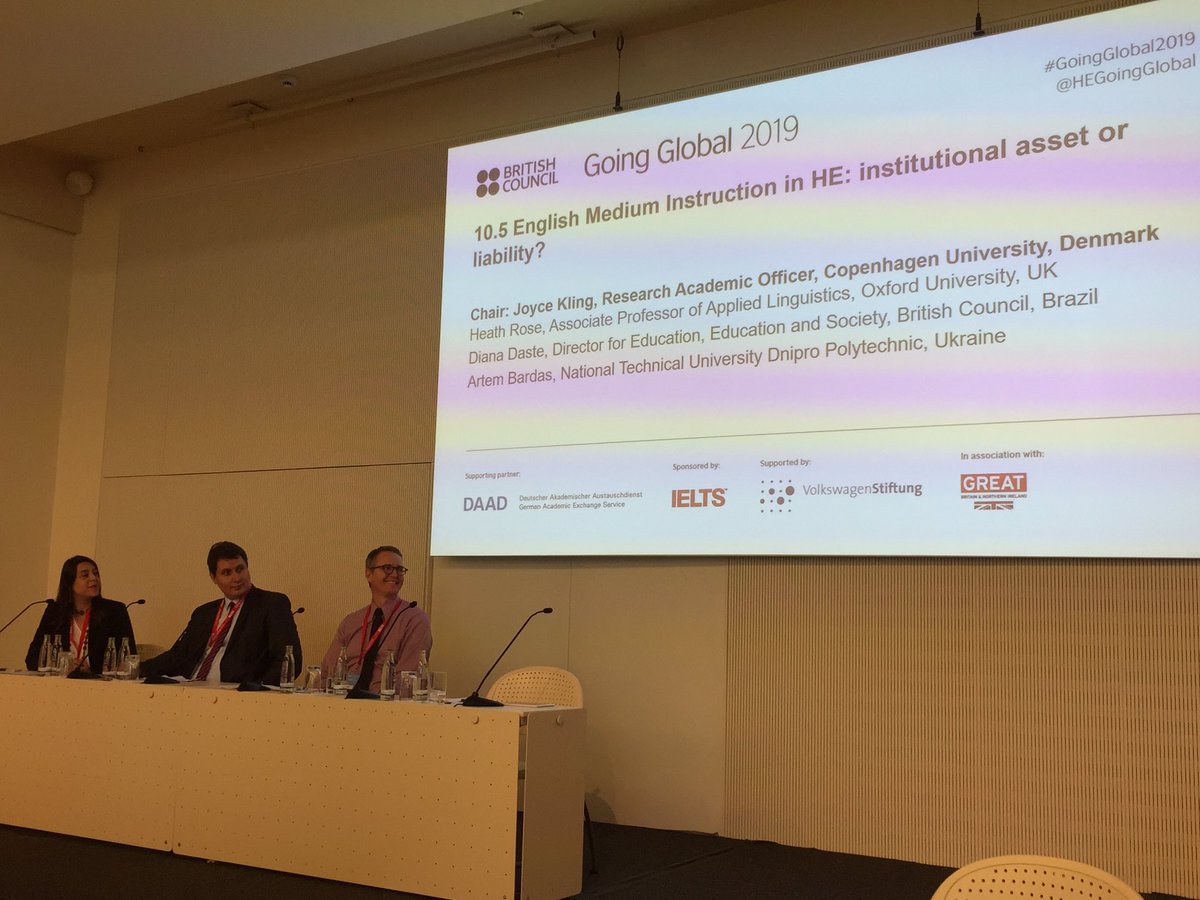 Intlreading's tweet image. English as a medium of instruction in countries without historically high levels of English-medium  - my favorite session at #GoingGlobal2019 on #intlhighered  chaired by Joyce Kling of @koebenhavns_uni