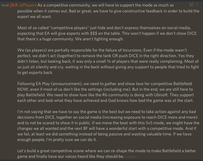 jikASENSEI's tweet photo. A message to the global competitive @Battlefield community, we have a responsibility to act. https://t.co/XYieOpamLt
