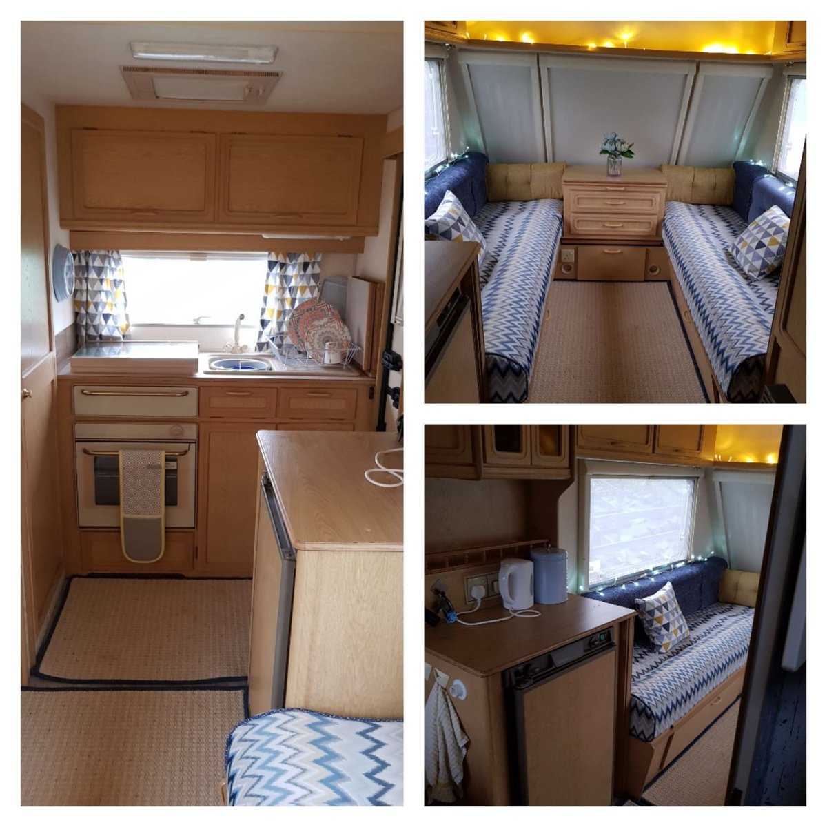 Newly refurbished caravan. Seating, curtains and carpets.