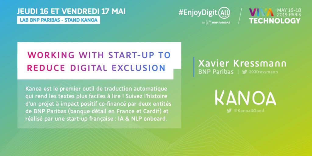 Vous venez à #VivaTech ?

Rendez-vous dès demain dans le corner @BNPParibas pour découvrir @KANOA4Good, le projet développé par @xkressmann lors de la saison 2018 du People’sLab4Good ! 👏🦄 #TechforGood #Tech4Good #Intrapreneurs4Good #Inclusion