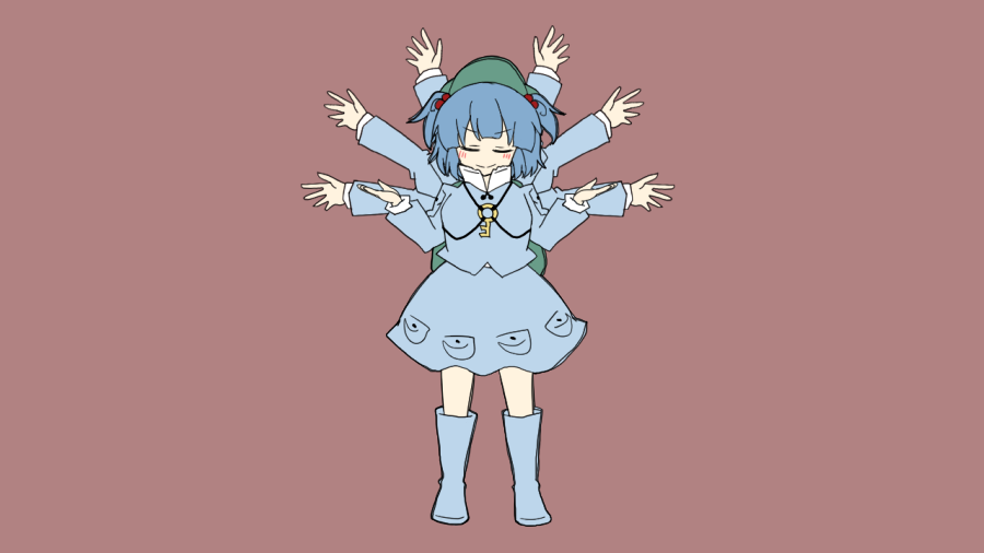 河城にとり 「動かすために差分で色々描いてたら千手観音みたいになったにとり 」|ろくねんのイラスト