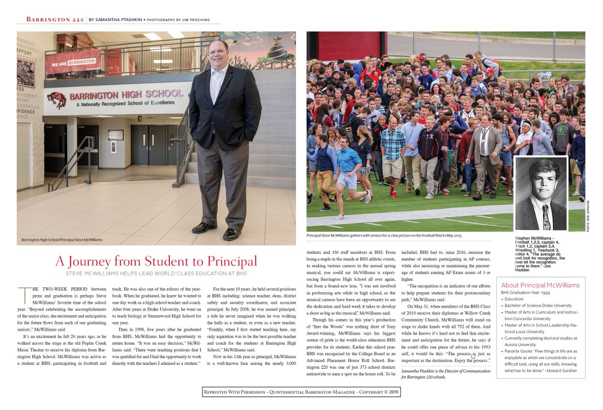 barrington220's tweet photo. Did you know BHS Principal Steve McWilliams is also a BHS grad? Read more about his journey from student to principal in this article from the May/June issue of #QuintessentialBarrington! #BSD220 

CLICK HERE: https://t.co/XkipMEU1JB https://t.co/L4kb97fT3O