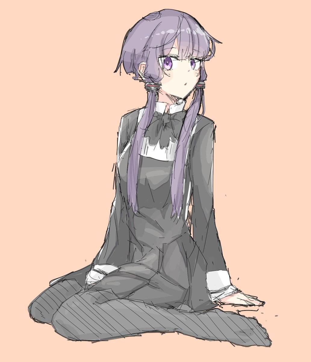 yuzuki yukari 1girl solo purple hair purple eyes sitting pantyhose black pantyhose  illustration images